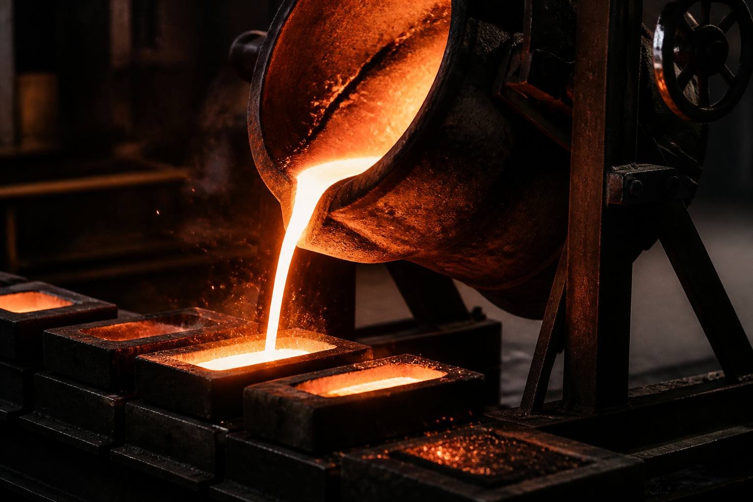 Atmospheric study of molten metal and heat in a dark workshop.