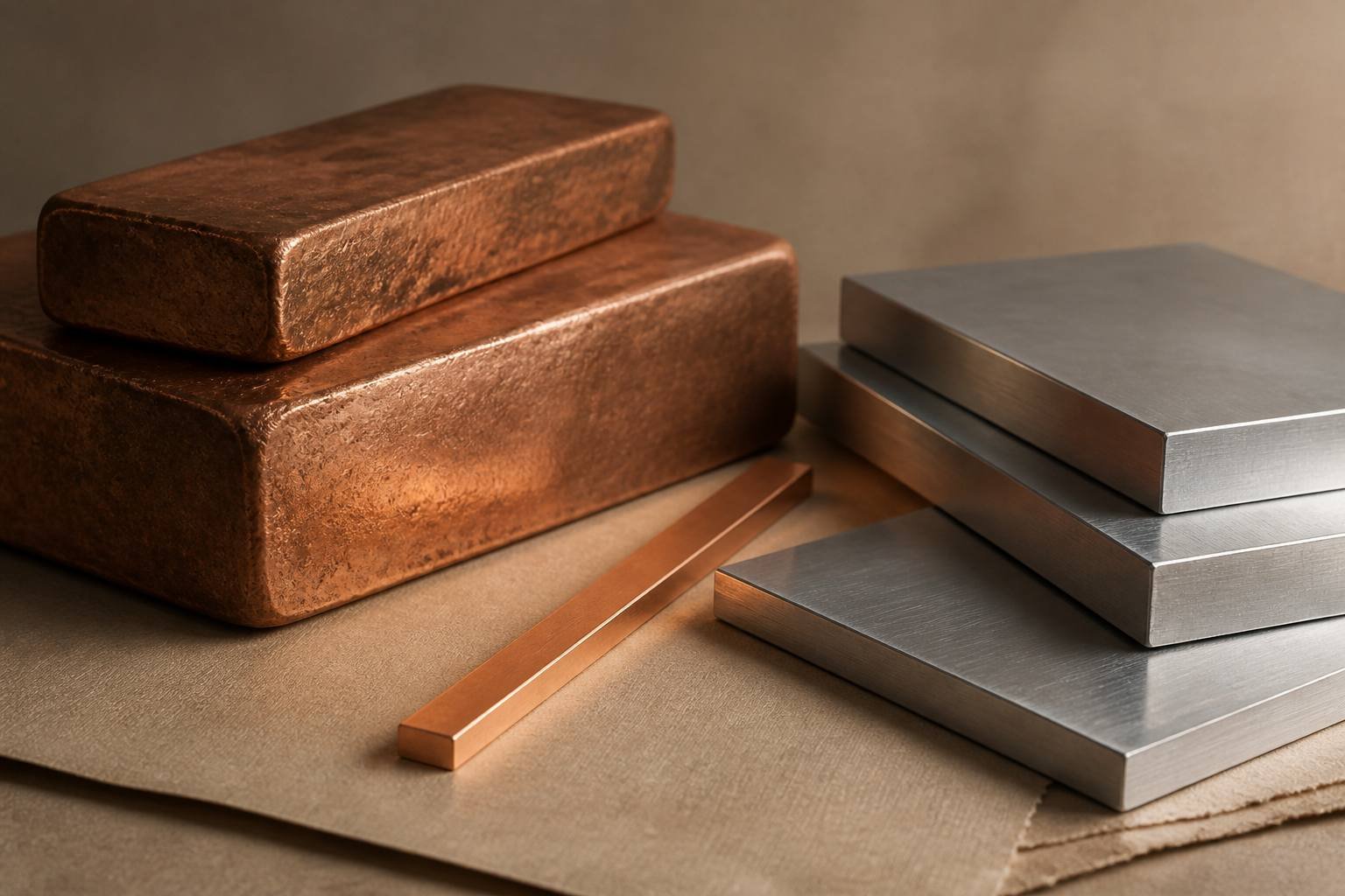 Studio still life of copper and aluminum on warm paper.