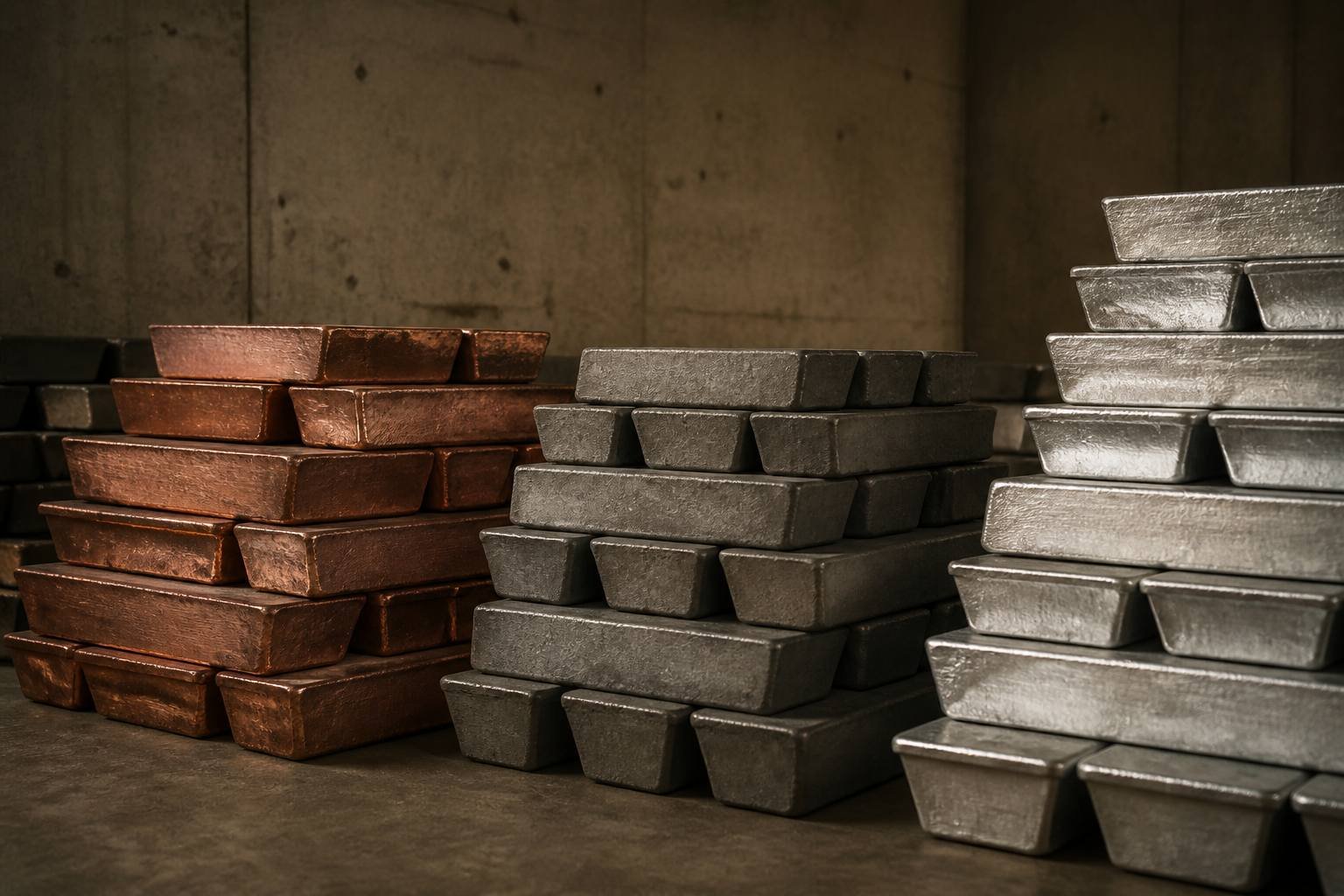 Stacked non-ferrous metal ingots in studio light.